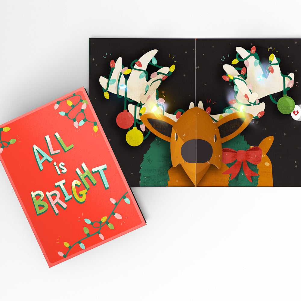 All Is Bright Holiday Reindeer Light-Up Pop-Up Card