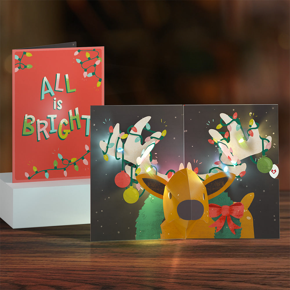 All Is Bright Holiday Reindeer Light-Up Pop-Up Card