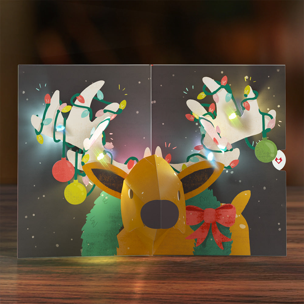 All Is Bright Holiday Reindeer Light-Up Pop-Up Card