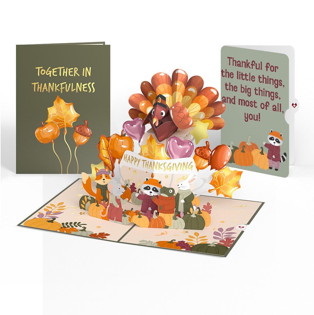 Woodland Animals Thanksgiving Day Parade Appreciation Pop-Up Card and Thankful Raccoon Sentiment Set