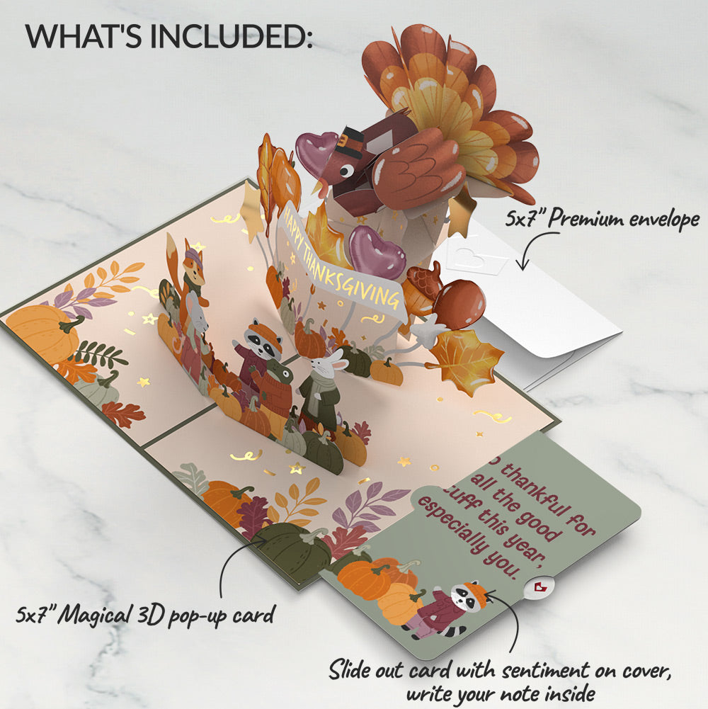 Woodland Animals Thanksgiving Day Parade Appreciation Pop-Up Card and Especially You Raccoon Sentiment Set
