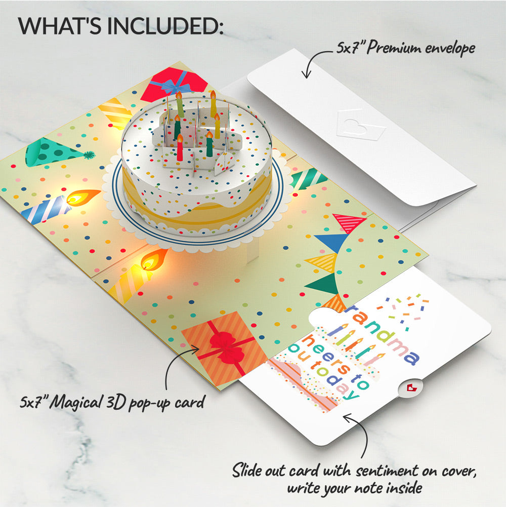 Happy Birthday Confetti Cake Music and Lights Pop-Up Card and Sentiment Set for Grandma