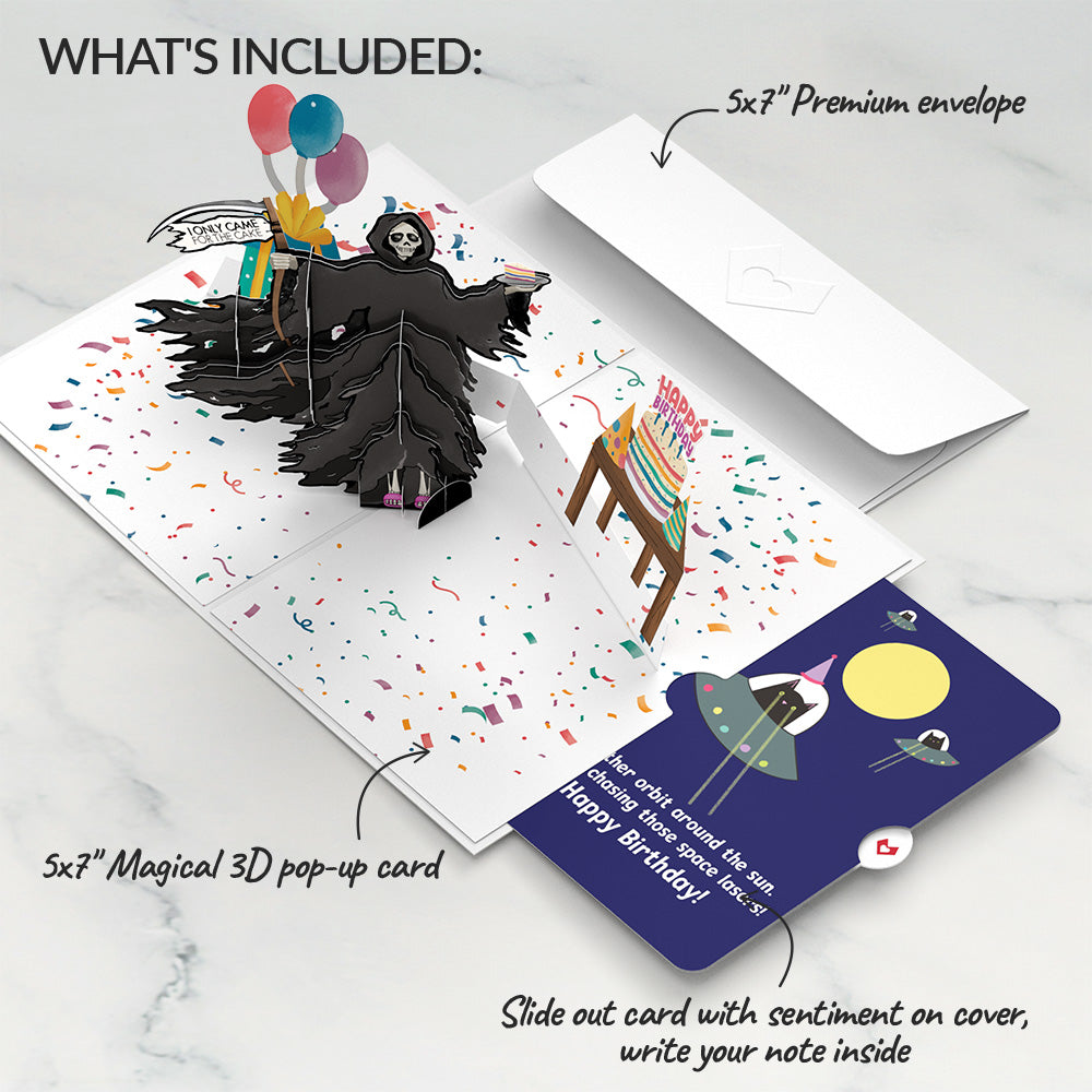 Grim Reaper Dark Humor Birthday with Space Laser Cats Pop-Up Card and Sentiment Set