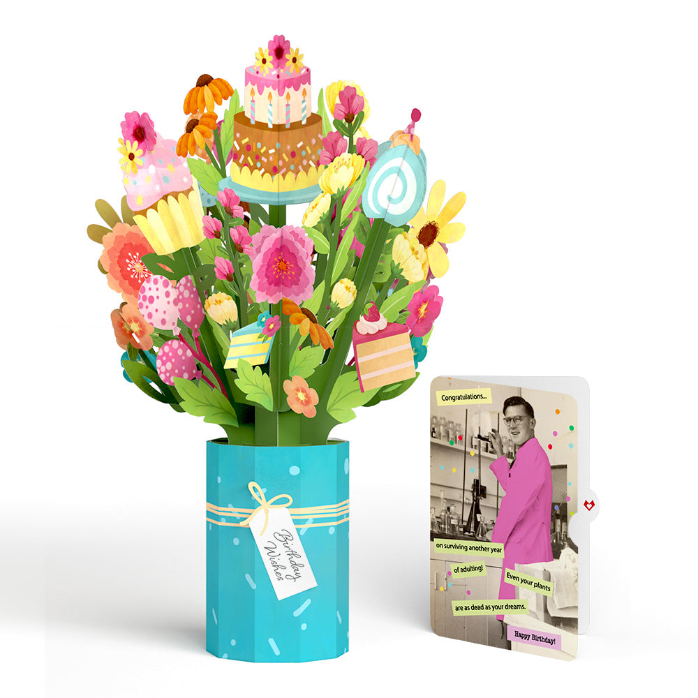 Sweet Birthday Wishes Bouquet and Survive Another Year of Adulting Congratulations Sentiment Set