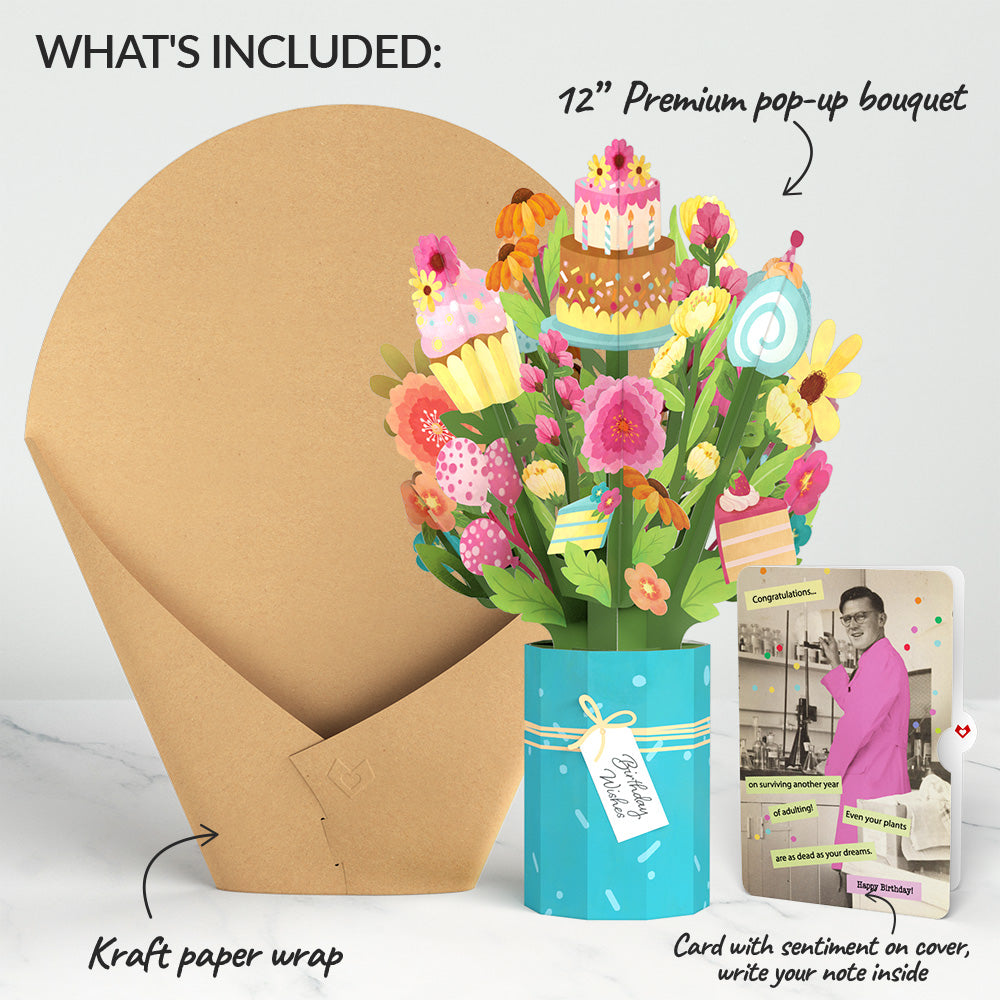 Sweet Birthday Wishes Bouquet and Survive Another Year of Adulting Congratulations Sentiment Set