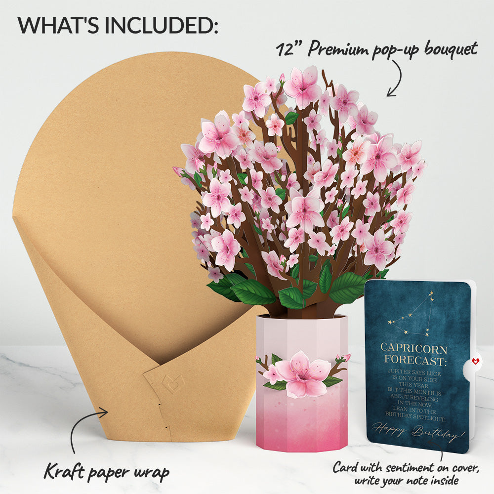 Cherry Blossom Birthday Bouquet and Capricorn Zodiac Sentiment Set