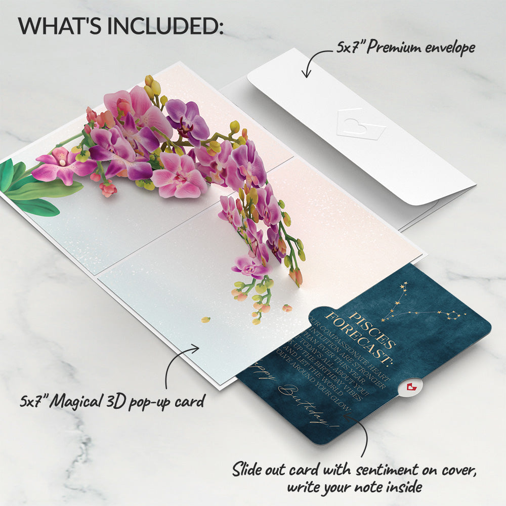 Watercolor Orchid Birthday Pop-Up Card and Pisces Zodiac Sentiment Set