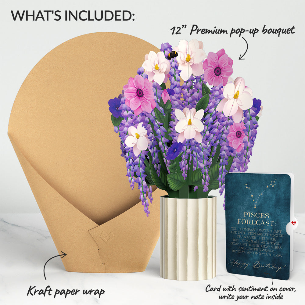 Wisteria Birthday Bouquet and Pisces Zodiac Sentiment Set