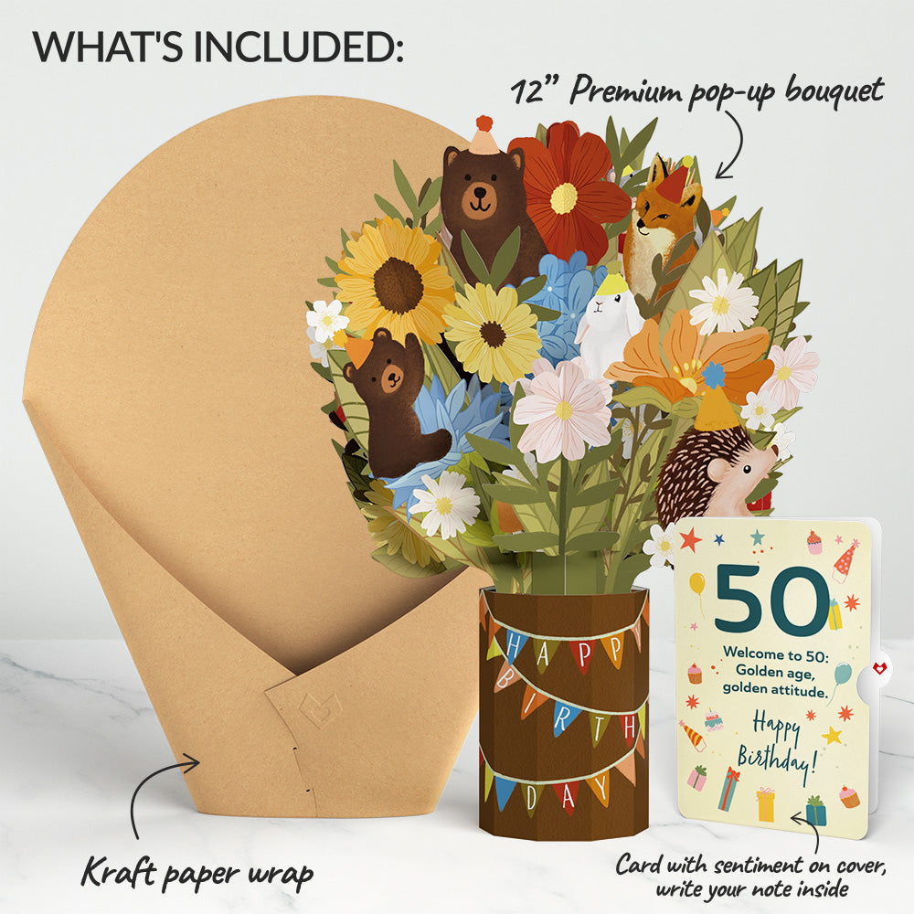 Woodland 50th Birthday Party Bouquet and Sentiment Set