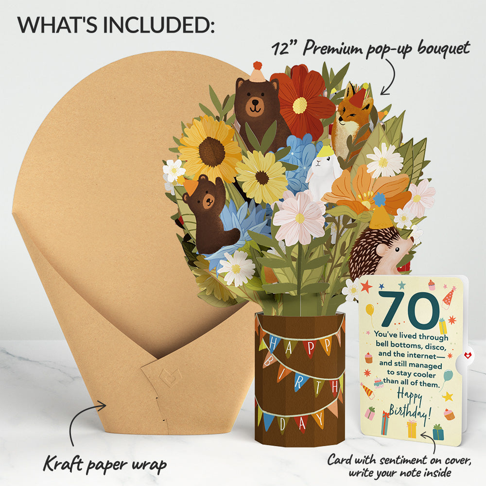 Woodland 70th Birthday Party Bouquet and Sentiment Set