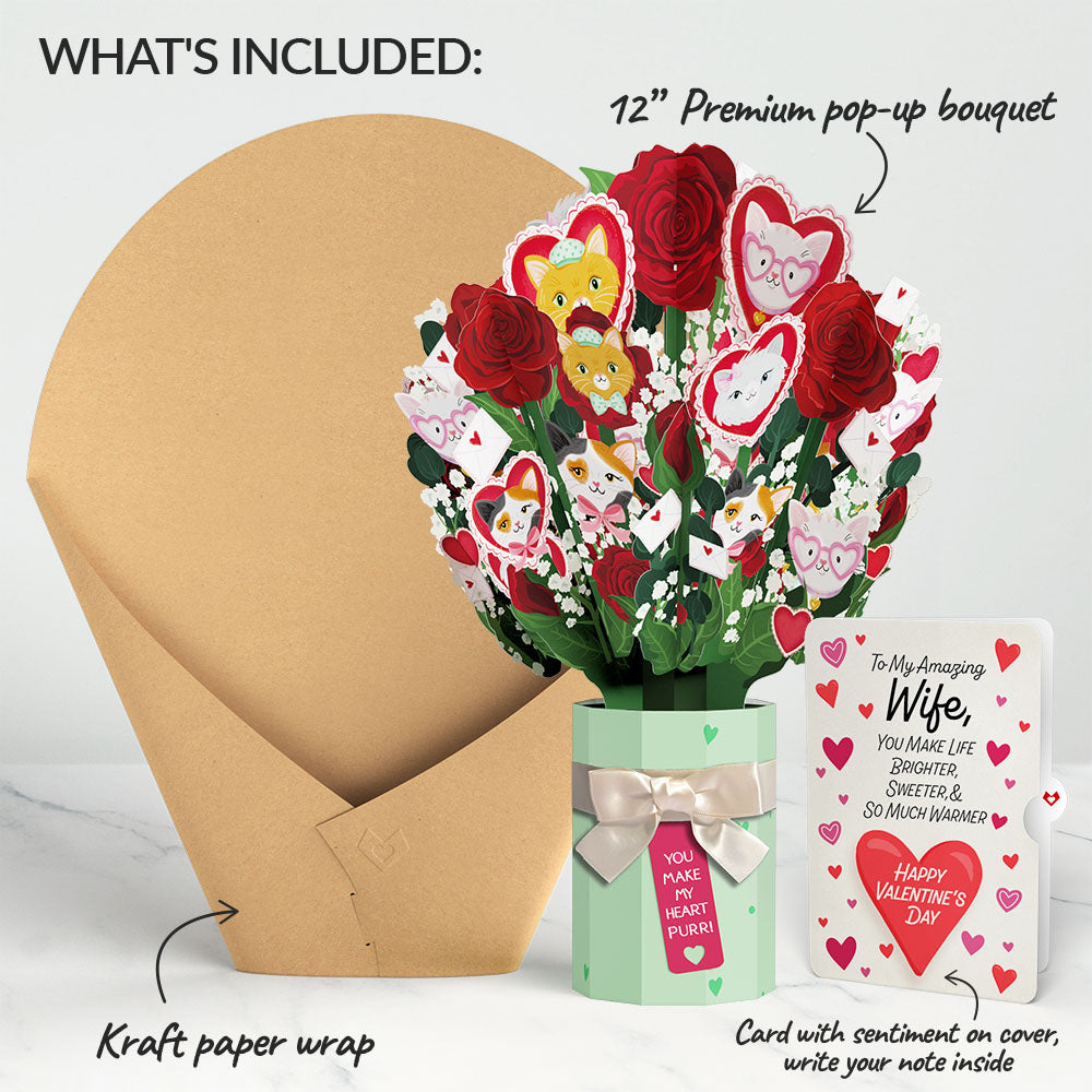 You Make My Heart Purr Cat Valentine Bouquet and Sentiment Set for Wife