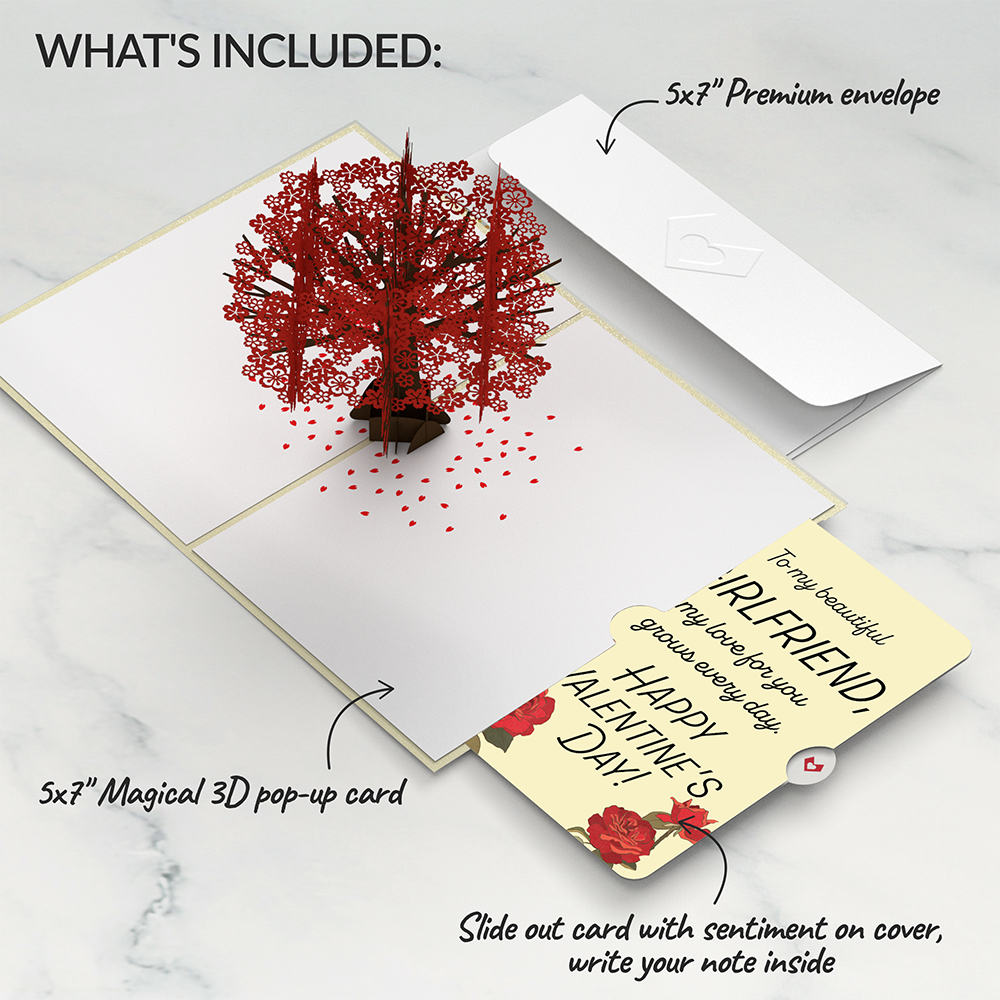 Red Sakura Tree Valentine Pop-Up Card and Sentiment Set for Girlfriend