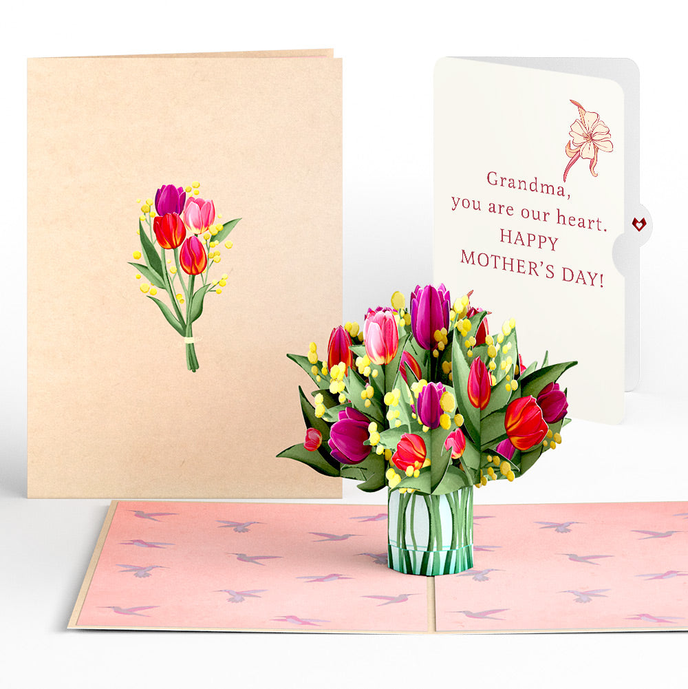 Cheerful Tulips Mother's Day Pop-Up Card and You Are Our Heart Sentiment Set for Grandma