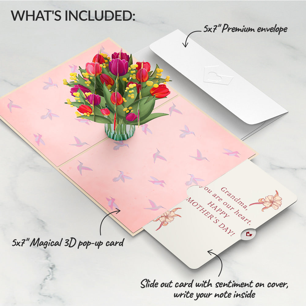 Cheerful Tulips Mother's Day Pop-Up Card and You Are Our Heart Sentiment Set for Grandma