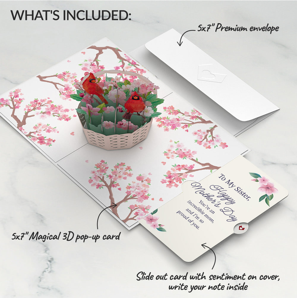 Cherry Blossom Basket with Cardinals Mother's Day Pop-Up Card and Sentiment Set for Sister