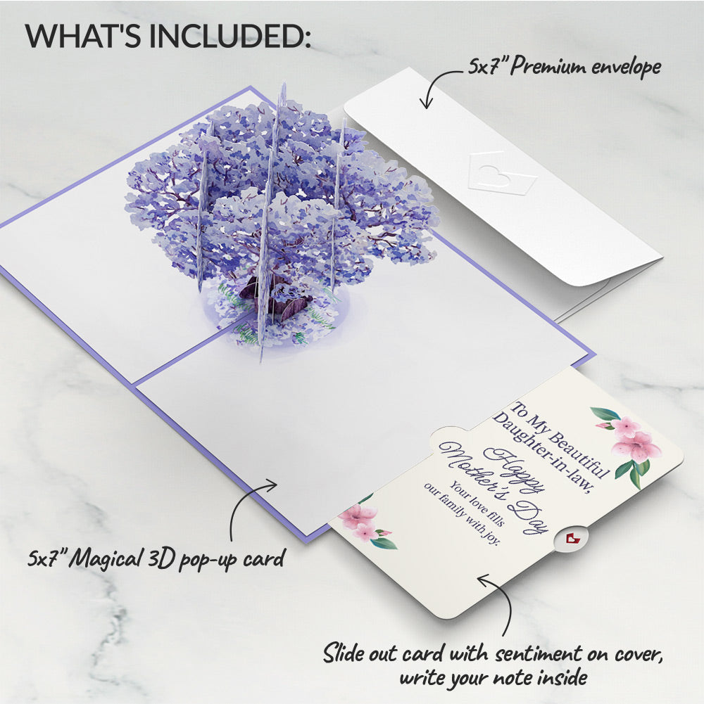 Watercolor Jacaranda Tree Mother's Day Pop-Up Card and Sentiment Set for Daughter-in-law