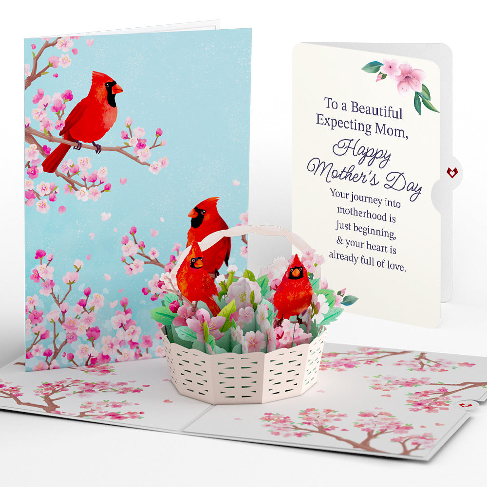 Cherry Blossom Basket with Cardinals Mother's Day Pop-Up Card and Sentiment Set for Expecting Mom