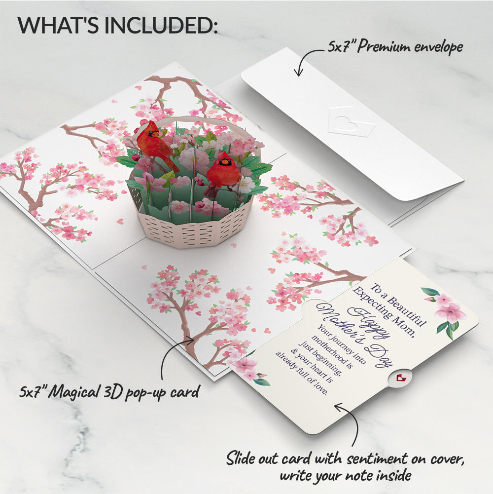 Cherry Blossom Basket with Cardinals Mother's Day Pop-Up Card and Sentiment Set for Expecting Mom
