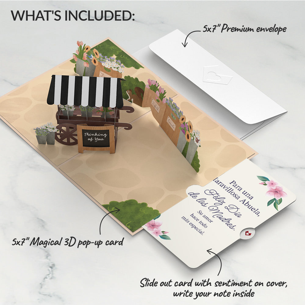Thinking of You Flower Cart Mother's Day Pop-Up Card and Sentiment Set for Spanish Grandmother