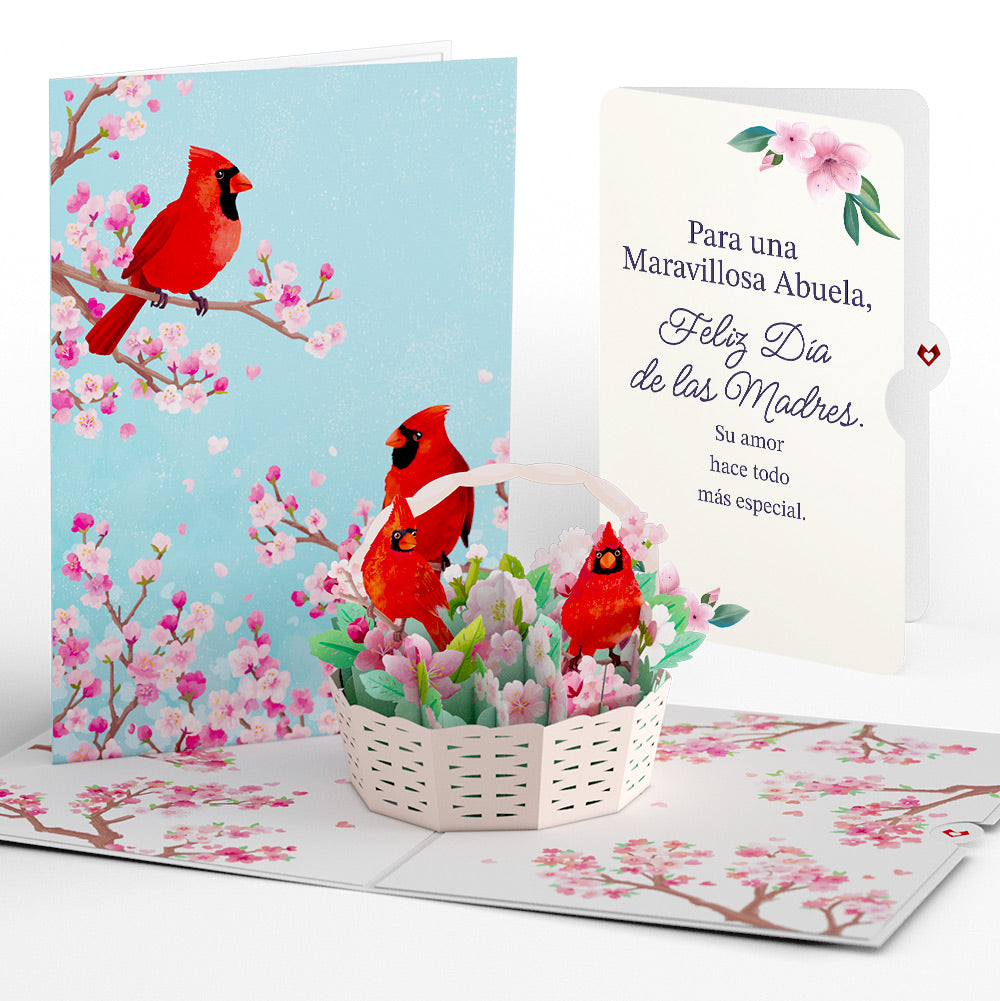 Cherry Blossom Basket with Cardinals Mother's Day Pop-Up Card and Sentiment Set for Spanish Grandmother
