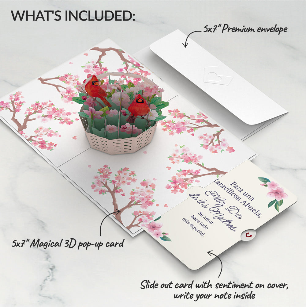 Cherry Blossom Basket with Cardinals Mother's Day Pop-Up Card and Sentiment Set for Spanish Grandmother