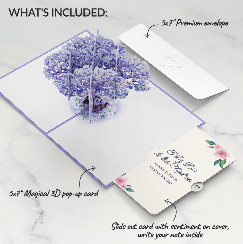Watercolor Jacaranda Tree Mother's Day Pop-Up Card and Sentiment Set for Spanish Mom