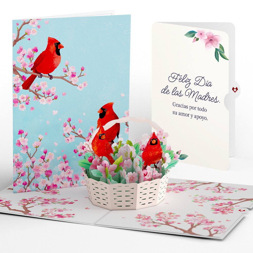 Cherry Blossom Basket with Cardinals Mother's Day Pop-Up Card and Sentiment Set for Spanish Mom