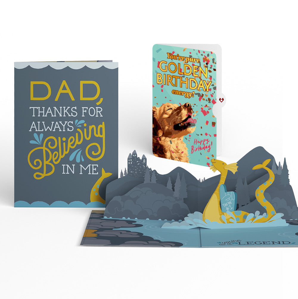 Dad You're a Legend Loch Ness Monster Birthday Pop-Up Card and Golden Energy Sentiment Set