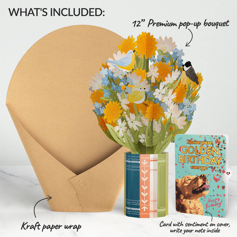 Spring Joy Birthday Bouquet and Golden Energy Sentiment Set