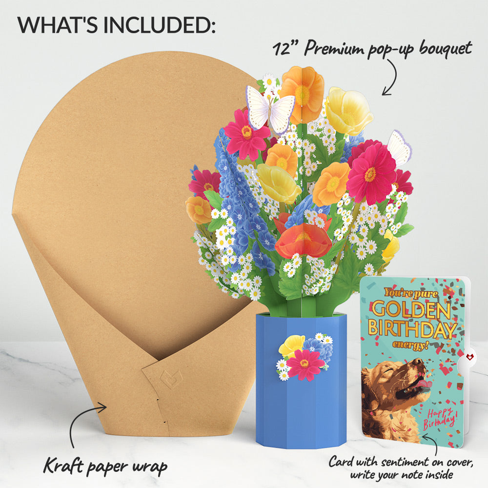 Wildflower Birthday Bouquet and Golden Energy Sentiment Set