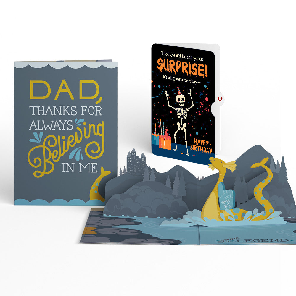 Dad You're a Legend Loch Ness Monster Birthday Pop-Up Card and Surprise Skeleton Sentiment Set