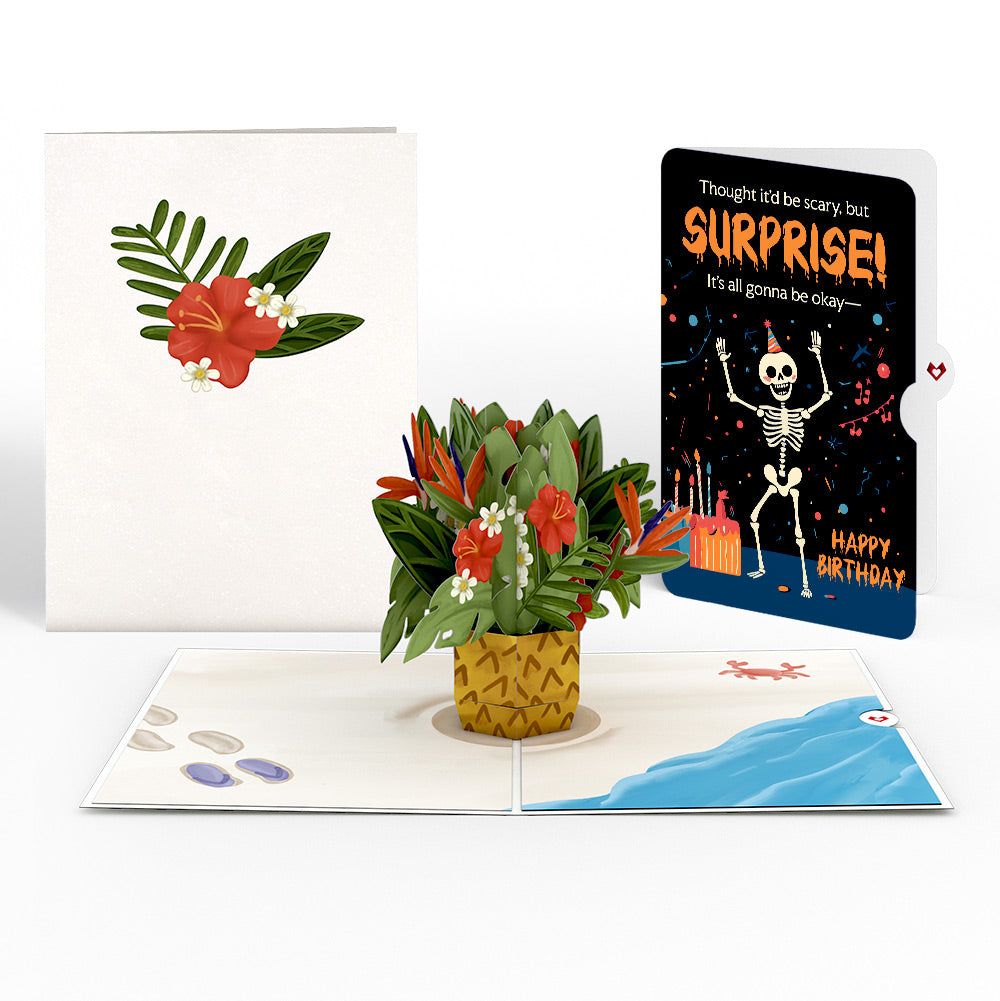 Tropical Flower Basket Birthday Pop-Up Card and Surprise Skeleton Sentiment Set