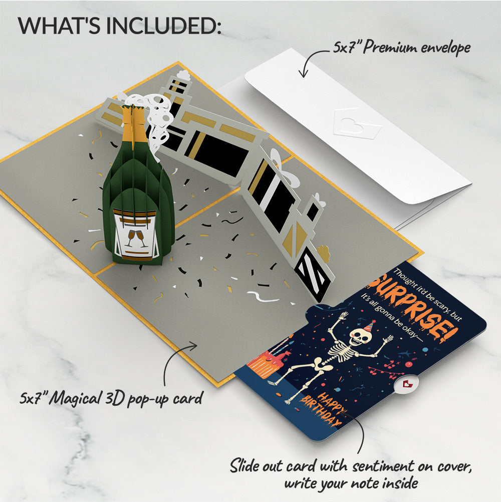 Champagne Celebration Birthday Pop-Up Card and Surprise Skeleton Sentiment Set