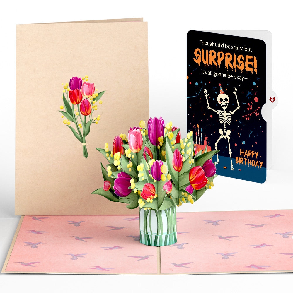Cheerful Tulips Birthday Pop-Up Card and Surprise Skeleton Sentiment Set