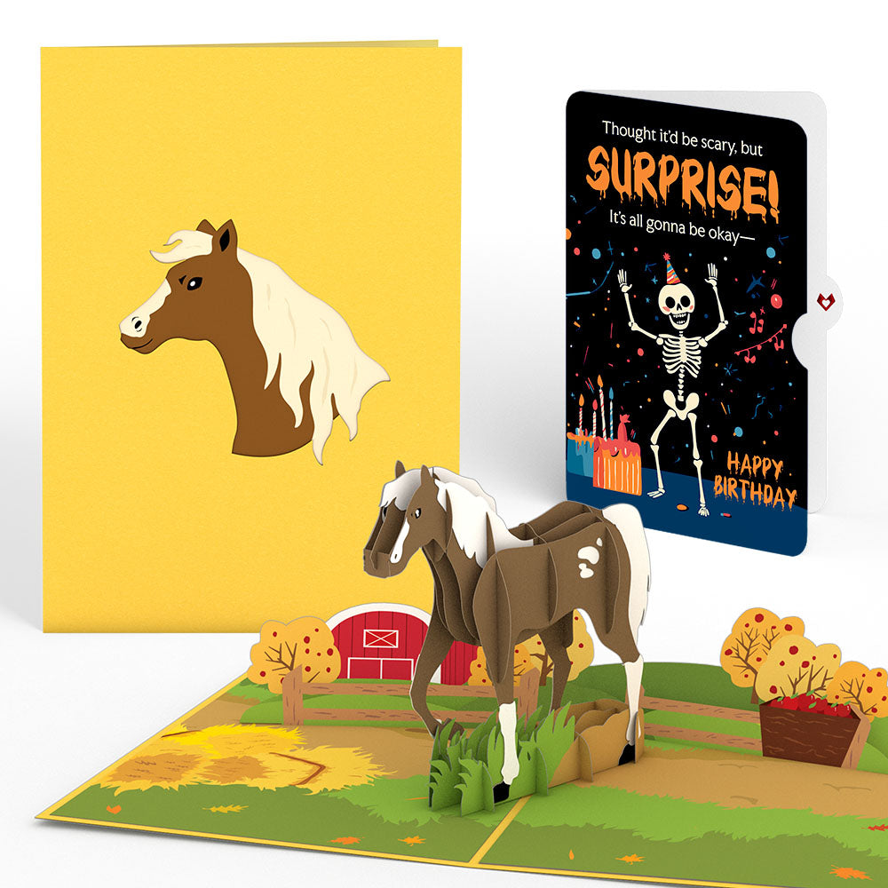 Horse Birthday Pop-Up Card and Surprise Skeleton Sentiment Set
