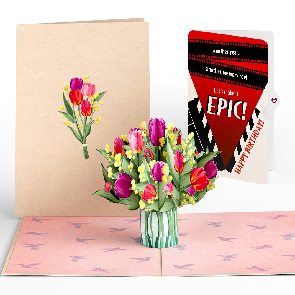 Cheerful Tulips Birthday Pop-Up Card and Epic Reel Sentiment Set