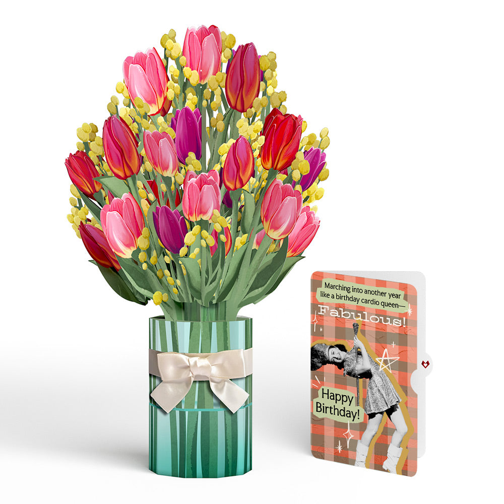 Cheerful Tulips Birthday Bouquet and Cardio Queen Sentiment Set