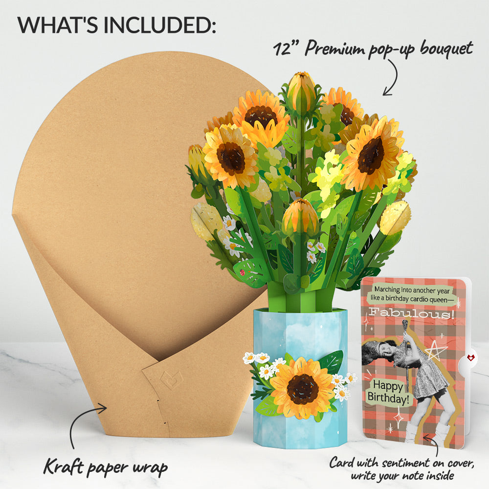Sunflower Blooms Birthday Bouquet and Cardio Queen Sentiment Set