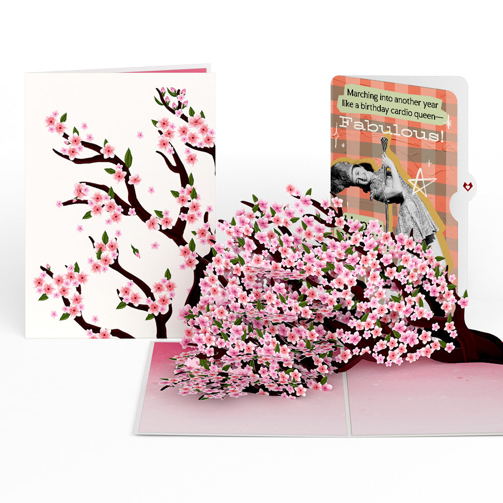 Cherry Blossom Branches in Bloom Birthday Pop-Up Card and Cardio Queen Sentiment Set