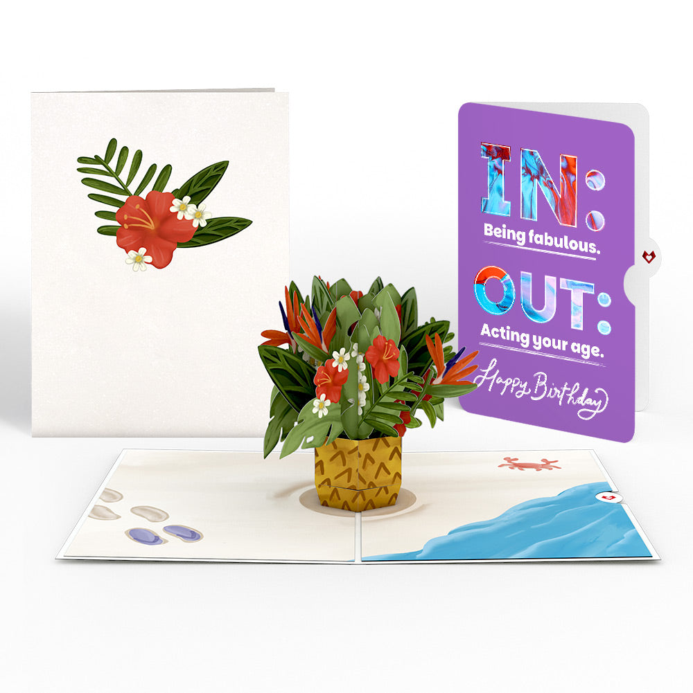 Tropical Flower Basket Birthday Pop-Up Card and IN & OUT Sentiment Set