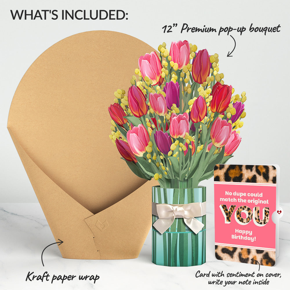 Cheerful Tulips Birthday Bouquet and The original YOU Sentiment Set