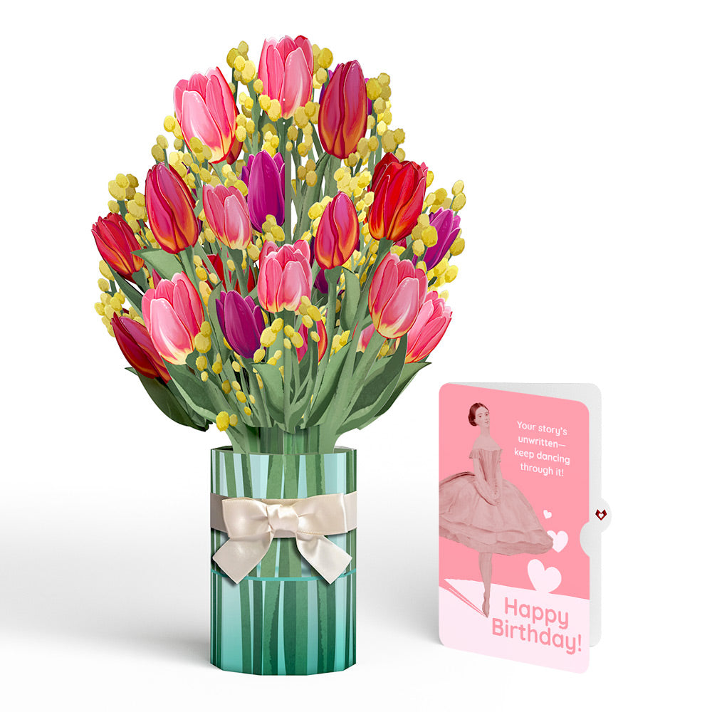 Cheerful Tulips Birthday Bouquet and Dancing Through Life Sentiment Set