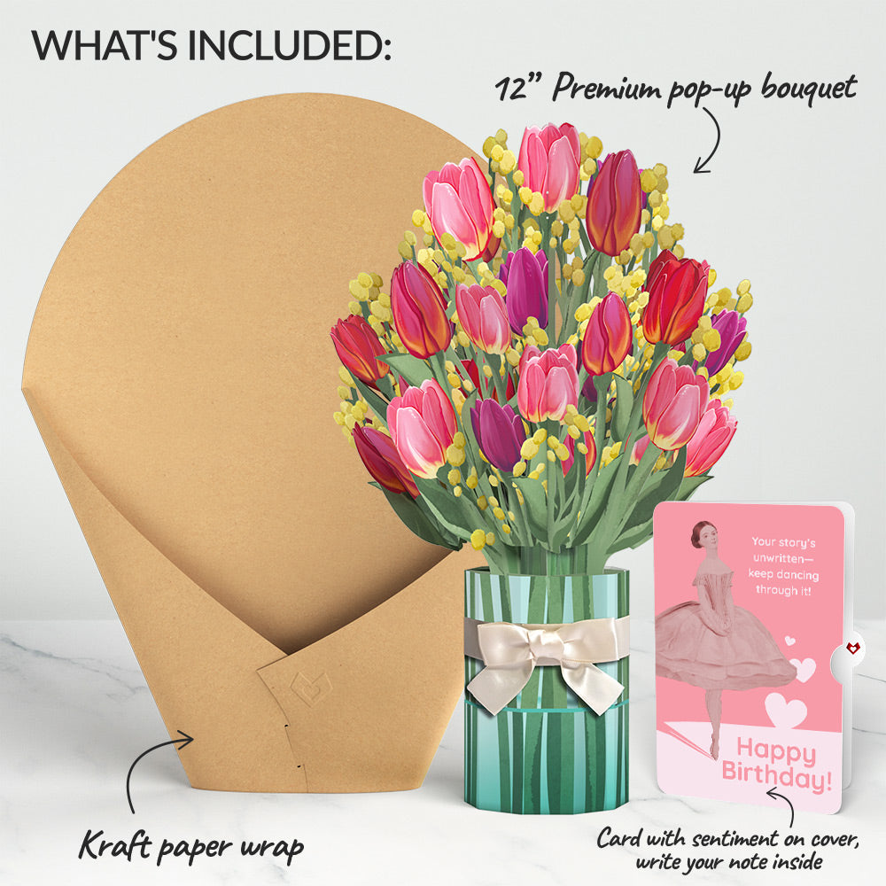 Cheerful Tulips Birthday Bouquet and Dancing Through Life Sentiment Set