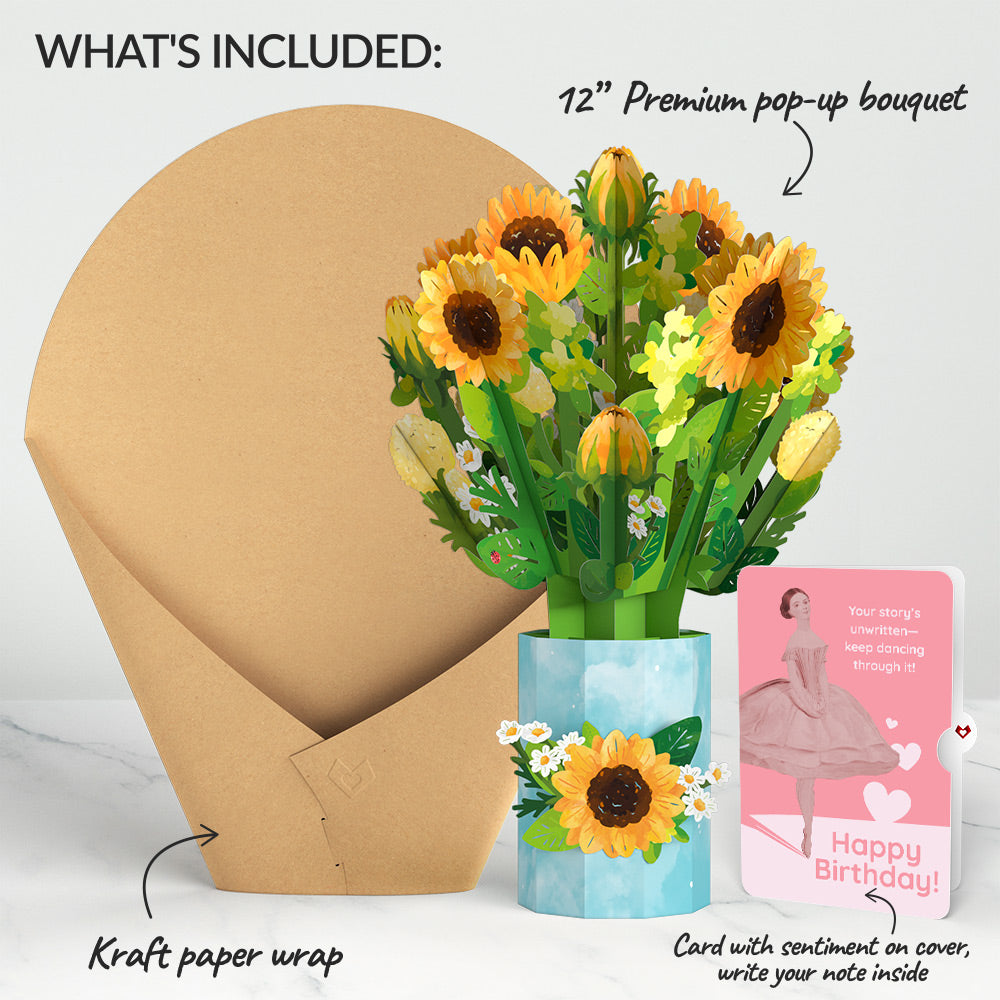 Sunflower Blooms Birthday Bouquet and Dancing Through Life Sentiment Set