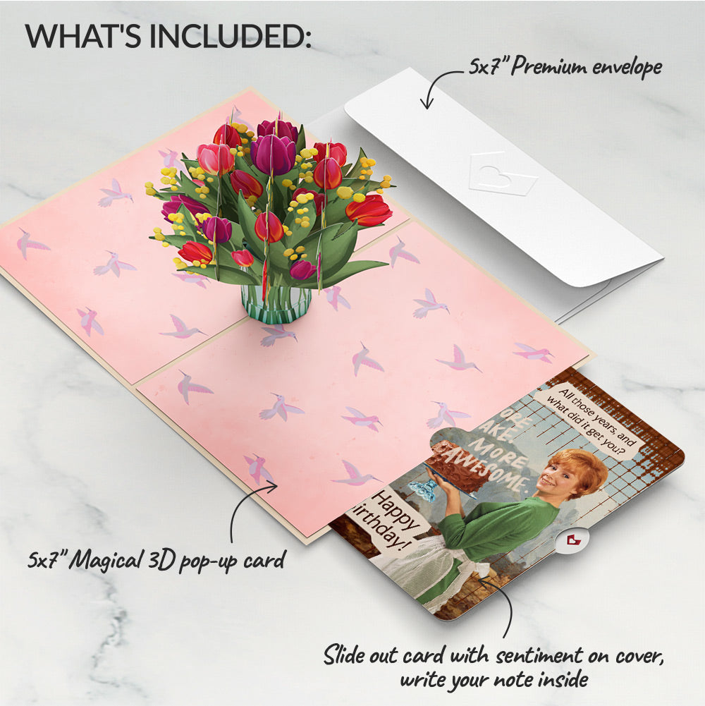 Cheerful Tulips Birthday Pop-Up Card and More Cake More Awesome Sentiment Set