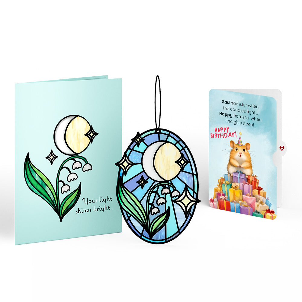 Shine Bright Twilight Bloom Birthday Suncatcher Card and Happy Hamster Sentiment Set