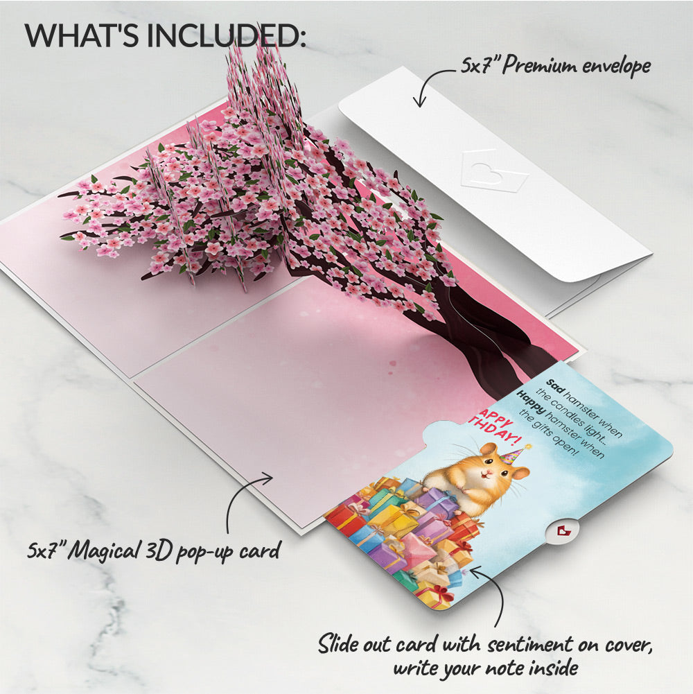 Cherry Blossom Branches in Bloom Birthday Pop-Up Card and Happy Hamster Sentiment Set