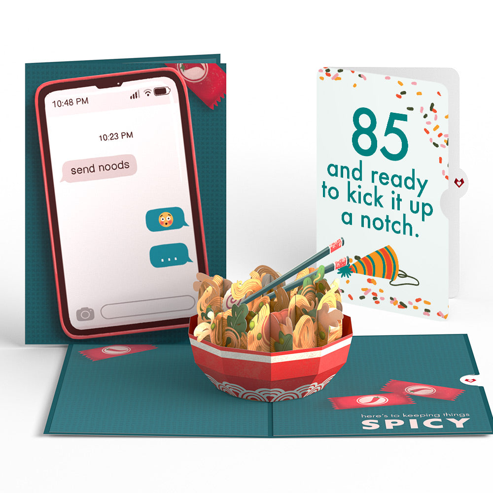 Send Noods Spicy Birthday Pop-Up Card and 85th Kick It Up Sentiment Set