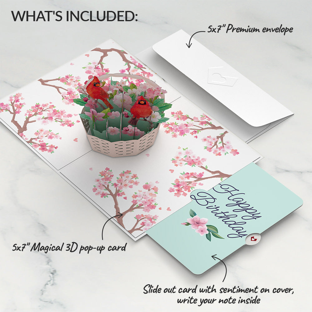 Cherry Blossom Basket with Cardinals Birthday Pop-Up Card and Sentiment Set