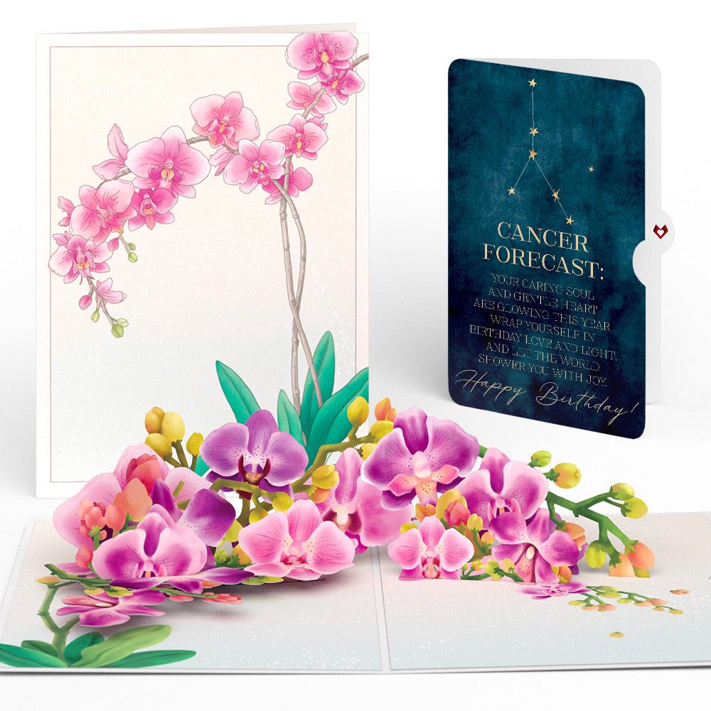 Watercolor Orchid Birthday Pop-Up Card and Cancer Zodiac Sentiment Set